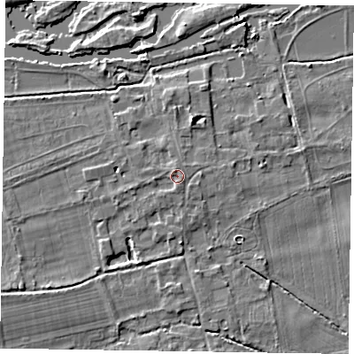 Shaded relief map of the ground around SL65NB, computed from Environment Agency LiDAR. The ground here sits at about 30 m above sea level and falls 5 m across the surrounding 800 m. Surface water reaching this point runs off ground lying to the north-north-west, 0.7 m higher.