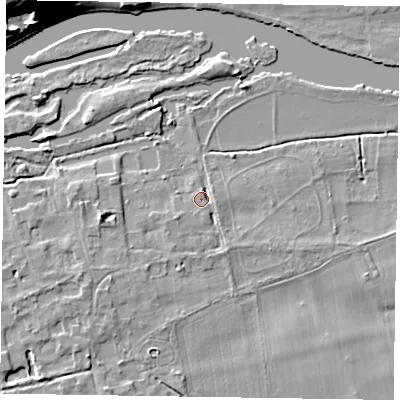 Shaded relief map of the ground around SL65ND, computed from Environment Agency LiDAR. The ground here sits at about 30 m above sea level and falls 23 m across the surrounding 800 m. Surface water reaching this point runs off ground lying to the south-west, 2.2 m higher.
