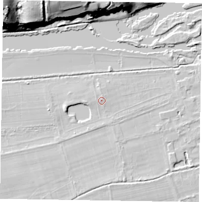 Shaded relief map of the ground around SL65NE, computed from Environment Agency LiDAR. The ground here sits at about 30 m above sea level and falls 36 m across the surrounding 800 m. Surface water reaching this point runs off ground lying to the west, 1.4 m higher.