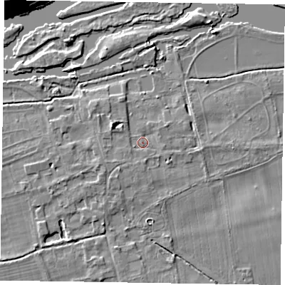 Shaded relief map of the ground around SL65NF, computed from Environment Agency LiDAR. The ground here sits at about 30 m above sea level and falls 18 m across the surrounding 800 m. Surface water reaching this point runs off ground lying to the west-north-west, 3.0 m higher.