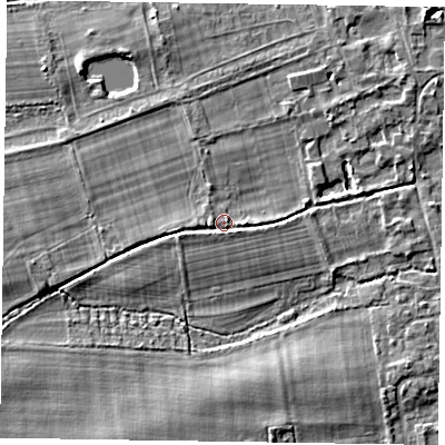 Shaded relief map of the ground around SL65NG, computed from Environment Agency LiDAR. The ground here sits at about 30 m above sea level and falls 5 m across the surrounding 800 m. Surface water reaching this point runs off ground lying to the south-east, 1.2 m higher.