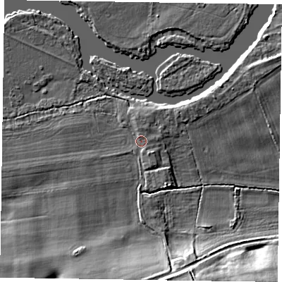 Shaded relief map of the ground around SL65NH, computed from Environment Agency LiDAR. The ground here sits at about 31 m above sea level and falls 10 m across the surrounding 800 m. Surface water reaching this point runs off ground lying to the north-north-east, 1.0 m higher.
