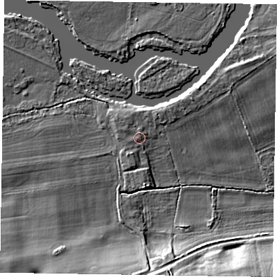 Shaded relief map of the ground around SL65NJ, computed from Environment Agency LiDAR. The ground here sits at about 31 m above sea level and falls 9 m across the surrounding 800 m. The ground contributing surface water to this point lies to the west-north-west.