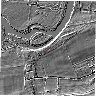Shaded relief map of the ground around SL65NL, computed from Environment Agency LiDAR. The ground here sits at about 32 m above sea level and falls 4 m across the surrounding 800 m. The ground contributing surface water to this point lies to the north-north-west.