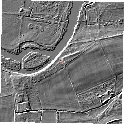 Shaded relief map of the ground around SL65NN, computed from Environment Agency LiDAR. The ground here sits at about 32 m above sea level and falls 4 m across the surrounding 800 m. Surface water reaching this point runs off ground lying to the north-east, 0.5 m higher.