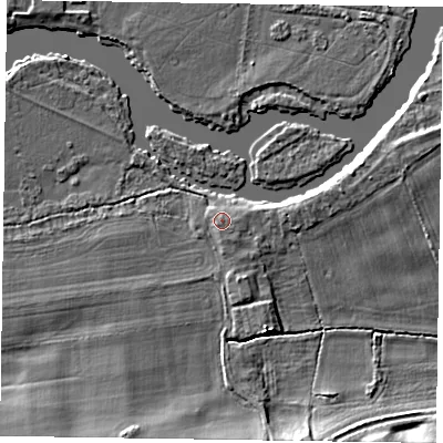 Shaded relief map of the ground around SL65NS, computed from Environment Agency LiDAR. The ground here sits at about 31 m above sea level and falls 6 m across the surrounding 800 m. The ground contributing surface water to this point lies to the south-east.