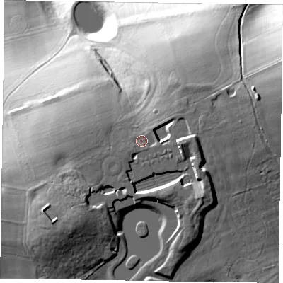 Shaded relief map of the ground around SL65PB, computed from Environment Agency LiDAR. The ground here sits at about 89 m above sea level and falls 46 m across the surrounding 800 m. Surface water reaching this point runs off ground lying to the south-west, 1.6 m higher.