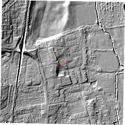 Shaded relief map of the ground around SL67EY, computed from Environment Agency LiDAR. The ground here sits at about 28 m above sea level and falls 16 m across the surrounding 800 m. Surface water reaching this point runs off ground lying to the west-north-west, 3.3 m higher.