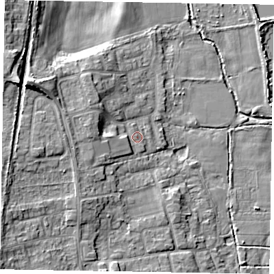 Shaded relief map of the ground around SL67HA, computed from Environment Agency LiDAR. The ground here sits at about 26 m above sea level and falls 13 m across the surrounding 800 m. Surface water reaching this point runs off ground lying to the west-south-west, 3.5 m higher.