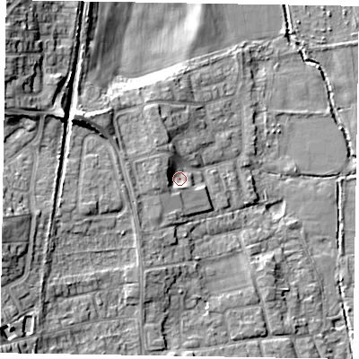 Shaded relief map of the ground around SL67HB, computed from Environment Agency LiDAR. The ground here sits at about 27 m above sea level and falls 17 m across the surrounding 800 m. Surface water reaching this point runs off ground lying to the west-north-west, 3.6 m higher.