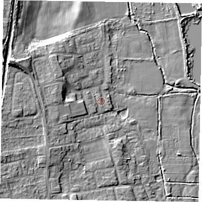 Shaded relief map of the ground around SL67HD, computed from Environment Agency LiDAR. The ground here sits at about 26 m above sea level and falls 13 m across the surrounding 800 m. Surface water reaching this point runs off ground lying to the north-north-west, 1.1 m higher.