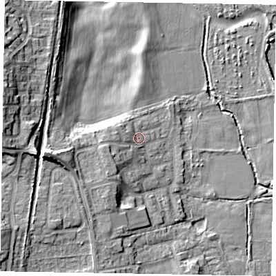 Shaded relief map of the ground around SL67HE, computed from Environment Agency LiDAR. The ground here sits at about 27 m above sea level and falls 15 m across the surrounding 800 m. Surface water reaching this point runs off ground lying to the west-south-west, 3.6 m higher.