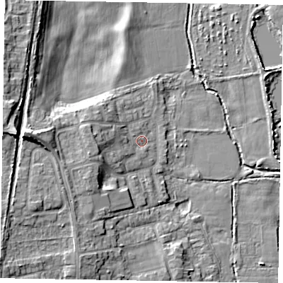 Shaded relief map of the ground around SL67HG, computed from Environment Agency LiDAR. The ground here sits at about 26 m above sea level and falls 13 m across the surrounding 800 m. Surface water reaching this point runs off ground lying to the west-south-west, 5.5 m higher.