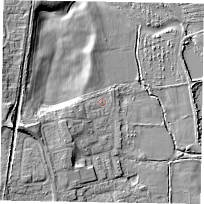 Shaded relief map of the ground around SL67HH, computed from Environment Agency LiDAR. The ground here sits at about 25 m above sea level and falls 13 m across the surrounding 800 m. Surface water reaching this point runs off ground lying to the west-south-west, 4.8 m higher.
