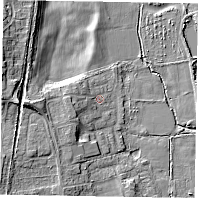 Shaded relief map of the ground around SL67HJ, computed from Environment Agency LiDAR. The ground here sits at about 26 m above sea level and falls 13 m across the surrounding 800 m. Surface water reaching this point runs off ground lying to the west, 4.7 m higher.