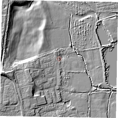 Shaded relief map of the ground around SL67HQ, computed from Environment Agency LiDAR. The ground here sits at about 25 m above sea level and falls 13 m across the surrounding 800 m. Surface water reaching this point runs off ground lying to the south-west, 2.2 m higher.