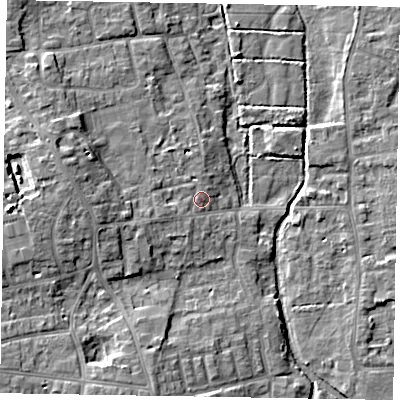 Shaded relief map of the ground around SL67JF, computed from Environment Agency LiDAR. The ground here sits at about 26 m above sea level and falls 10 m across the surrounding 800 m. Surface water reaching this point runs off ground lying to the west, 5.2 m higher.
