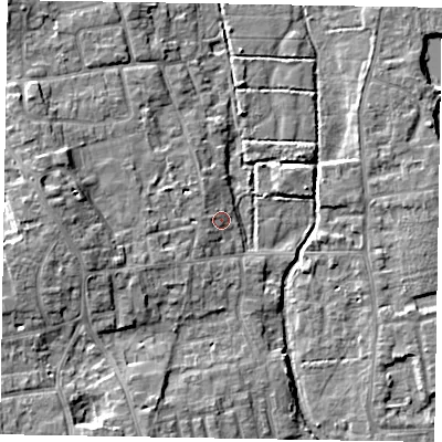 Shaded relief map of the ground around SL67JG, computed from Environment Agency LiDAR. The ground here sits at about 25 m above sea level and falls 9 m across the surrounding 800 m. Surface water reaching this point runs off ground lying to the west-south-west, 2.0 m higher.