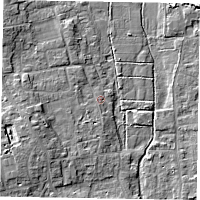 Shaded relief map of the ground around SL67JH, computed from Environment Agency LiDAR. The ground here sits at about 25 m above sea level and falls 10 m across the surrounding 800 m. Surface water reaching this point runs off ground lying to the west-south-west, 5.6 m higher.