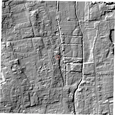 Shaded relief map of the ground around SL67JJ, computed from Environment Agency LiDAR. The ground here sits at about 24 m above sea level and falls 9 m across the surrounding 800 m. Surface water reaching this point runs off ground lying to the west-south-west, 8.0 m higher.