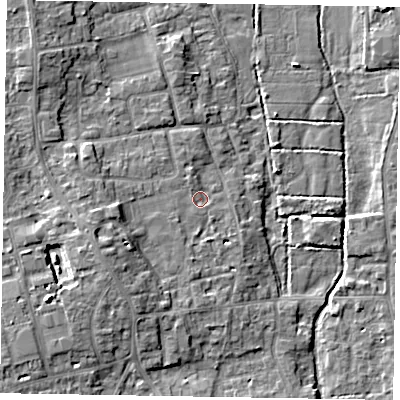 Shaded relief map of the ground around SL67JL, computed from Environment Agency LiDAR. The ground here sits at about 26 m above sea level and falls 10 m across the surrounding 800 m. Surface water reaching this point runs off ground lying to the west-south-west, 5.2 m higher.