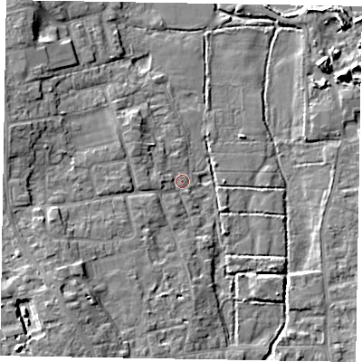 Shaded relief map of the ground around SL67JN, computed from Environment Agency LiDAR. The ground here sits at about 25 m above sea level and falls 10 m across the surrounding 800 m. Surface water reaching this point runs off ground lying to the west, 2.0 m higher.