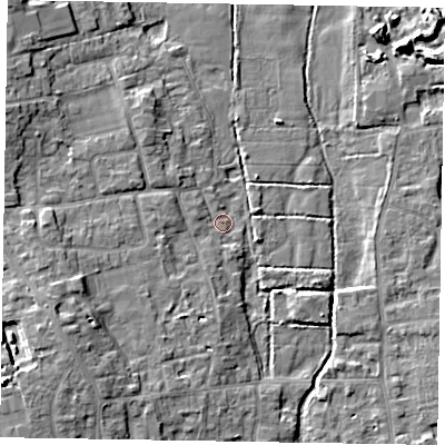 Shaded relief map of the ground around SL67JP, computed from Environment Agency LiDAR. The ground here sits at about 24 m above sea level and falls 10 m across the surrounding 800 m. Surface water reaching this point runs off ground lying to the west-south-west, 6.1 m higher.