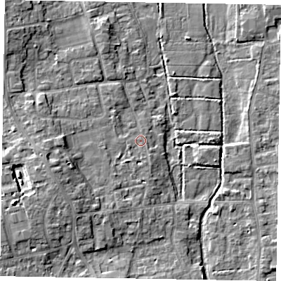 Shaded relief map of the ground around SL67JQ, computed from Environment Agency LiDAR. The ground here sits at about 26 m above sea level and falls 10 m across the surrounding 800 m. Surface water reaching this point runs off ground lying to the west-south-west, 5.2 m higher.