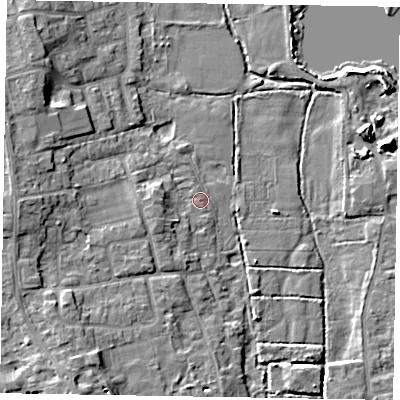 Shaded relief map of the ground around SL67JR, computed from Environment Agency LiDAR. The ground here sits at about 25 m above sea level and falls 9 m across the surrounding 800 m. Surface water reaching this point runs off ground lying to the west-south-west, 3.1 m higher.