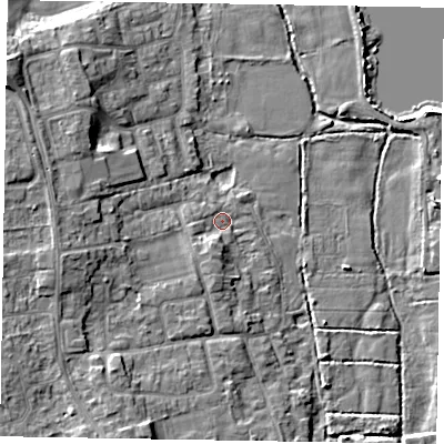 Shaded relief map of the ground around SL67JS, computed from Environment Agency LiDAR. The ground here sits at about 25 m above sea level and falls 11 m across the surrounding 800 m. Surface water reaching this point runs off ground lying to the south-south-west, 3.1 m higher.