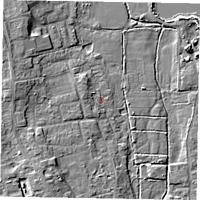 Shaded relief map of the ground around SL67JT, computed from Environment Agency LiDAR. The ground here sits at about 25 m above sea level and falls 9 m across the surrounding 800 m. Surface water reaching this point runs off ground lying to the west-north-west, 2.9 m higher.