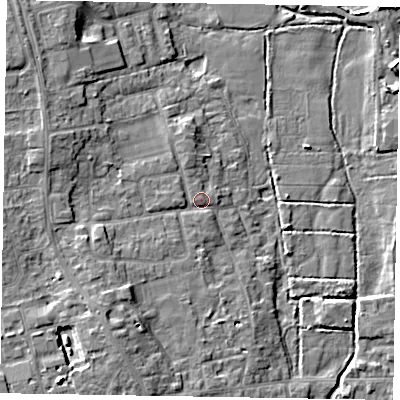 Shaded relief map of the ground around SL67JU, computed from Environment Agency LiDAR. The ground here sits at about 26 m above sea level and falls 10 m across the surrounding 800 m. Surface water reaching this point runs off ground lying to the south-west, 6.2 m higher.