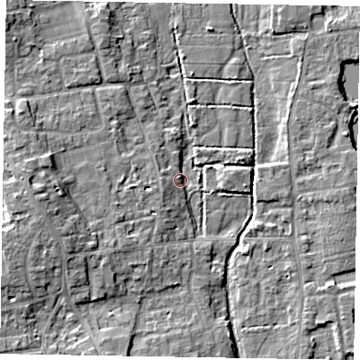 Shaded relief map of the ground around SL67JW, computed from Environment Agency LiDAR. The ground here sits at about 24 m above sea level and falls 9 m across the surrounding 800 m. Surface water reaching this point runs off ground lying to the west-south-west, 8.0 m higher.