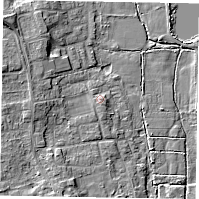 Shaded relief map of the ground around SL67JZ, computed from Environment Agency LiDAR. The ground here sits at about 27 m above sea level and falls 12 m across the surrounding 800 m. Surface water reaching this point runs off ground lying to the east-north-east, 2.1 m higher.