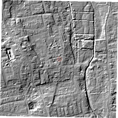 Shaded relief map of the ground around SL67TN, computed from Environment Agency LiDAR. The ground here sits at about 26 m above sea level and falls 10 m across the surrounding 800 m. Surface water reaching this point runs off ground lying to the west, 5.2 m higher.
