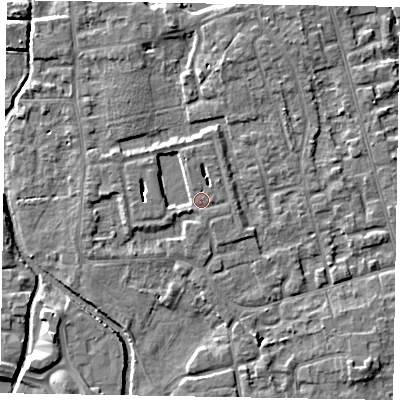 Shaded relief map of the ground around SL68AE, computed from Environment Agency LiDAR. The ground here sits at about 25 m above sea level and falls 5 m across the surrounding 800 m. Surface water reaching this point runs off ground lying to the west-south-west, 3.7 m higher.