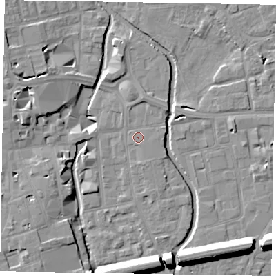 Shaded relief map of the ground around SL68AF, computed from Environment Agency LiDAR. The ground here sits at about 25 m above sea level and falls 15 m across the surrounding 800 m. Surface water reaching this point runs off ground lying to the south-east, 0.5 m higher.