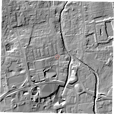 Shaded relief map of the ground around SL68AH, computed from Environment Agency LiDAR. The ground here sits at about 25 m above sea level and falls 12 m across the surrounding 800 m. Surface water reaching this point runs off ground lying to the west-south-west, 5.5 m higher.