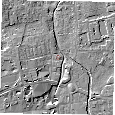 Shaded relief map of the ground around SL68AL, computed from Environment Agency LiDAR. The ground here sits at about 24 m above sea level and falls 12 m across the surrounding 800 m. Surface water reaching this point runs off ground lying to the west, 6.2 m higher.