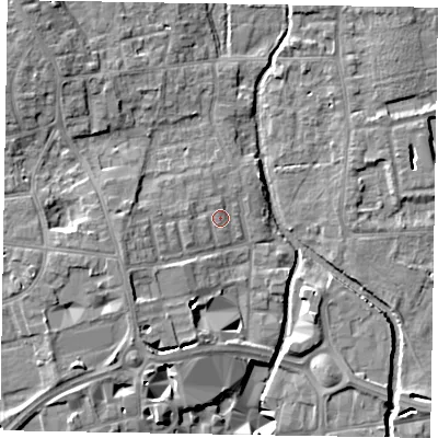 Shaded relief map of the ground around SL68AP, computed from Environment Agency LiDAR. The ground here sits at about 25 m above sea level and falls 12 m across the surrounding 800 m. Surface water reaching this point runs off ground lying to the west, 1.7 m higher.