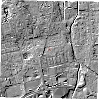 Shaded relief map of the ground around SL68AU, computed from Environment Agency LiDAR. The ground here sits at about 26 m above sea level and falls 10 m across the surrounding 800 m. Surface water reaching this point runs off ground lying to the south-south-west, 4.2 m higher.