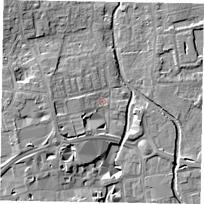 Shaded relief map of the ground around SL68AW, computed from Environment Agency LiDAR. The ground here sits at about 24 m above sea level and falls 12 m across the surrounding 800 m. Surface water reaching this point runs off ground lying to the south-west, 6.4 m higher.