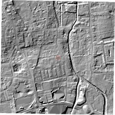 Shaded relief map of the ground around SL68AX, computed from Environment Agency LiDAR. The ground here sits at about 25 m above sea level and falls 9 m across the surrounding 800 m. Surface water reaching this point runs off ground lying to the west-south-west, 4.2 m higher.