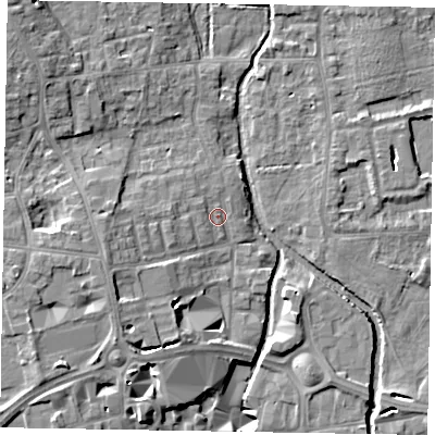 Shaded relief map of the ground around SL68AY, computed from Environment Agency LiDAR. The ground here sits at about 25 m above sea level and falls 12 m across the surrounding 800 m. Surface water reaching this point runs off ground lying to the west, 4.7 m higher.