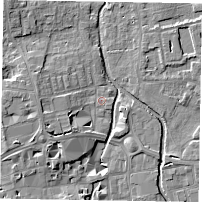 Shaded relief map of the ground around SL68BB, computed from Environment Agency LiDAR. The ground here sits at about 25 m above sea level and falls 12 m across the surrounding 800 m. Surface water reaching this point runs off ground lying to the south-east, 0.8 m higher.