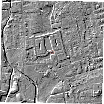 Shaded relief map of the ground around SL68BG, computed from Environment Agency LiDAR. The ground here sits at about 25 m above sea level and falls 5 m across the surrounding 800 m. Surface water reaching this point runs off ground lying to the west, 3.7 m higher.
