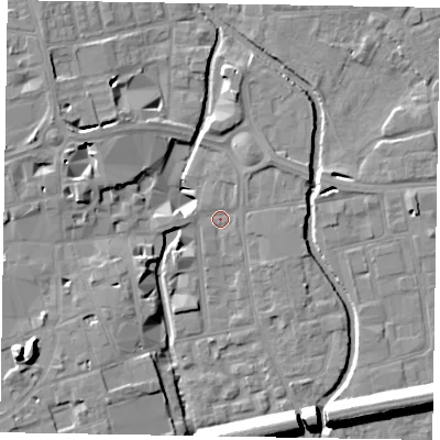 Shaded relief map of the ground around SL68BJ, computed from Environment Agency LiDAR. The ground here sits at about 24 m above sea level and falls 15 m across the surrounding 800 m. Surface water reaching this point runs off ground lying to the west, 1.8 m higher.