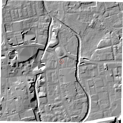 Shaded relief map of the ground around SL68BL, computed from Environment Agency LiDAR. The ground here sits at about 24 m above sea level and falls 15 m across the surrounding 800 m. Surface water reaching this point runs off ground lying to the north-north-east, 1.6 m higher.