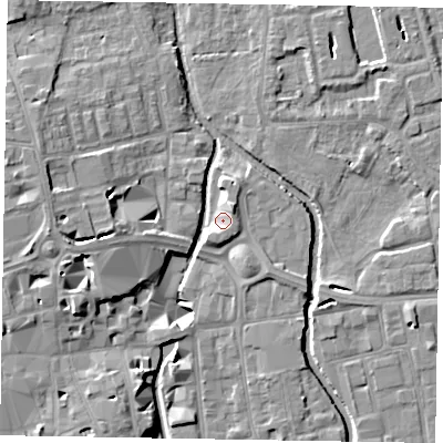 Shaded relief map of the ground around SL68BN, computed from Environment Agency LiDAR. The ground here sits at about 24 m above sea level and falls 11 m across the surrounding 800 m. Surface water reaching this point runs off ground lying to the south, 2.6 m higher.