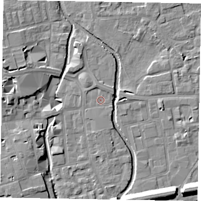 Shaded relief map of the ground around SL68BQ, computed from Environment Agency LiDAR. The ground here sits at about 24 m above sea level and falls 15 m across the surrounding 800 m. Surface water reaching this point runs off ground lying to the north, 1.1 m higher.